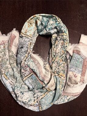 J.Jill Lightweight Floral Patchwork Scarf in Pastel Blues and Cream India Cotton